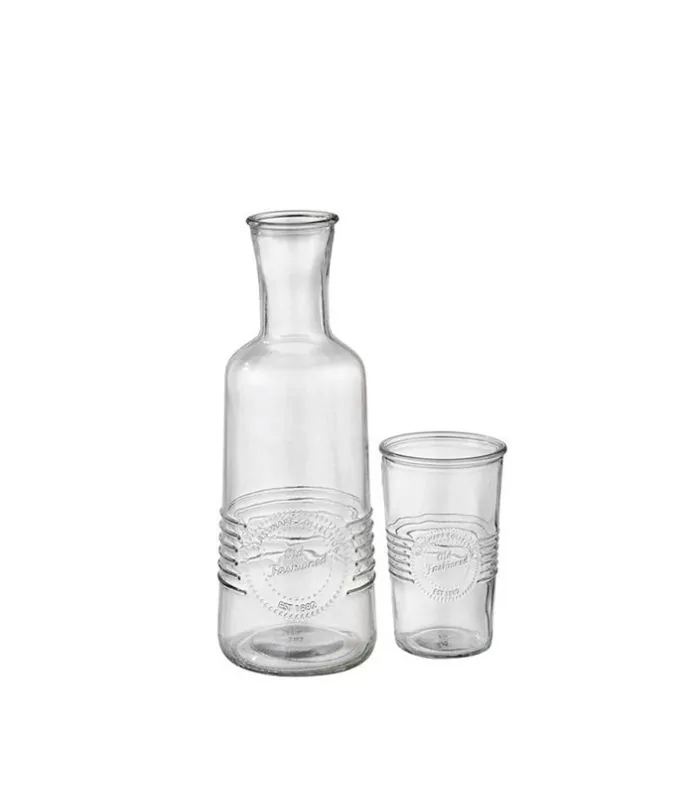 jarra de vidrio con vaso old fashioned de aps